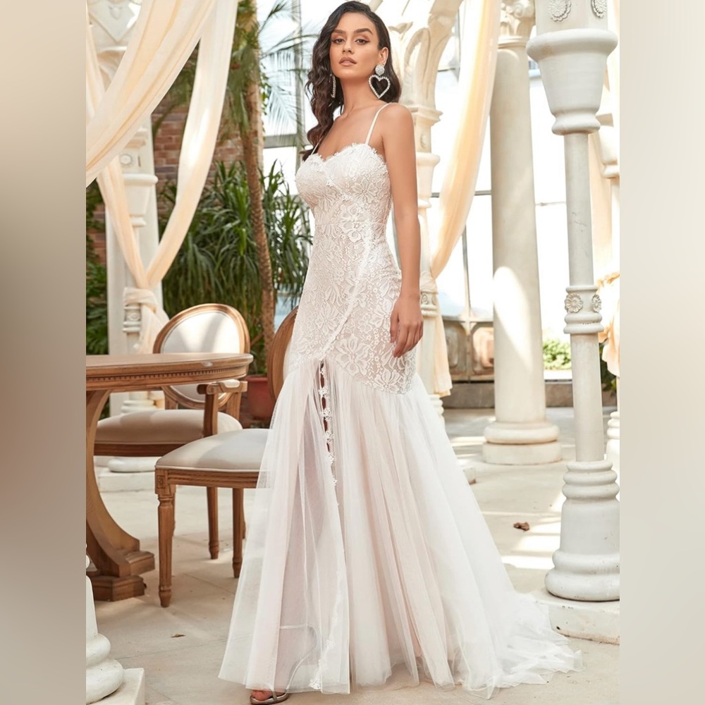 Ever-Pretty Floor Length Backless Bodycon Lace Wedding Dress sz L & White Veil